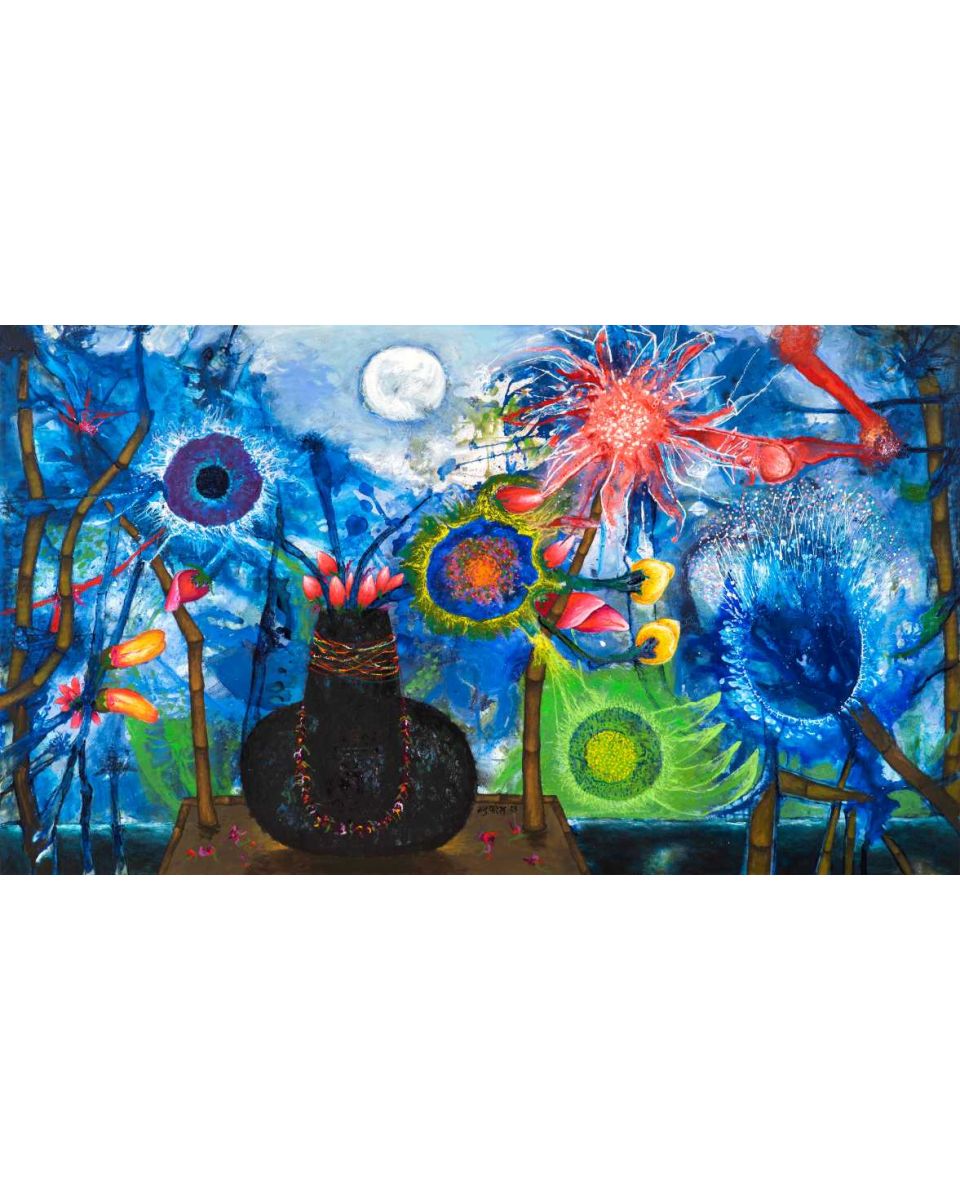 Kumbh With Flowers in Moonlight