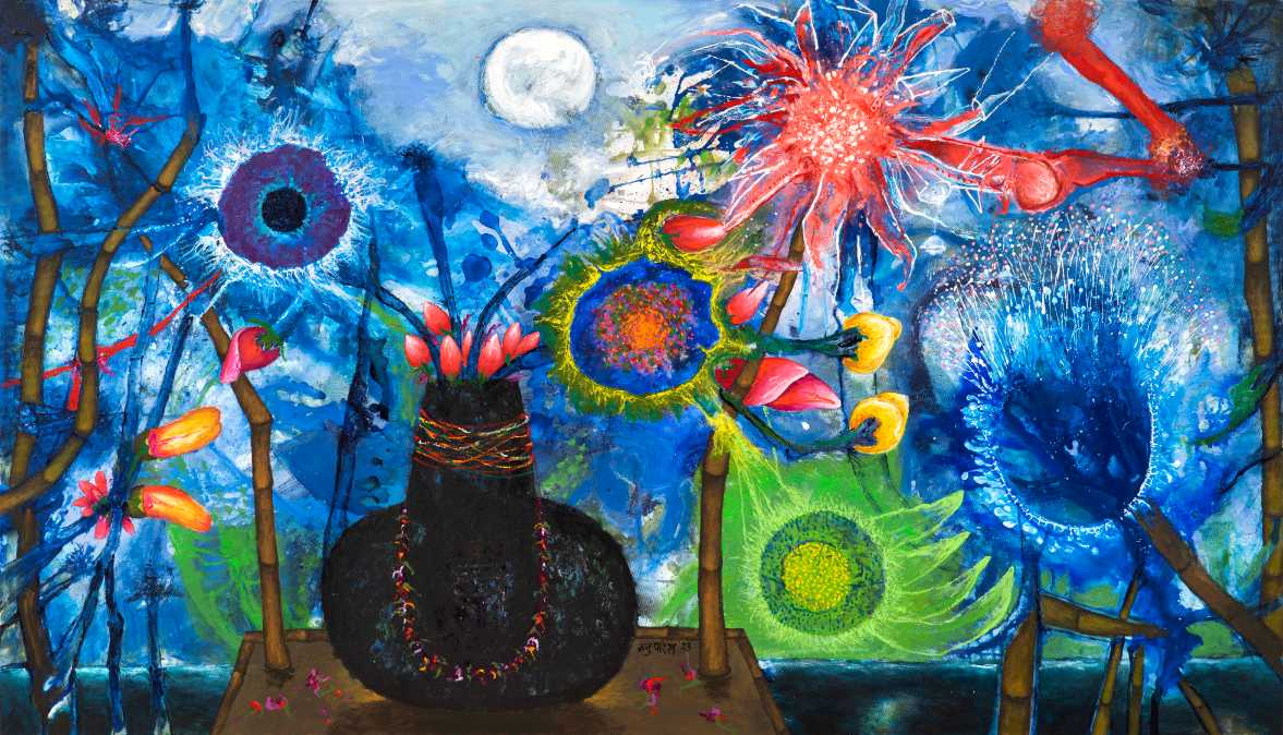Kumbh With Flowers in Moonlight
